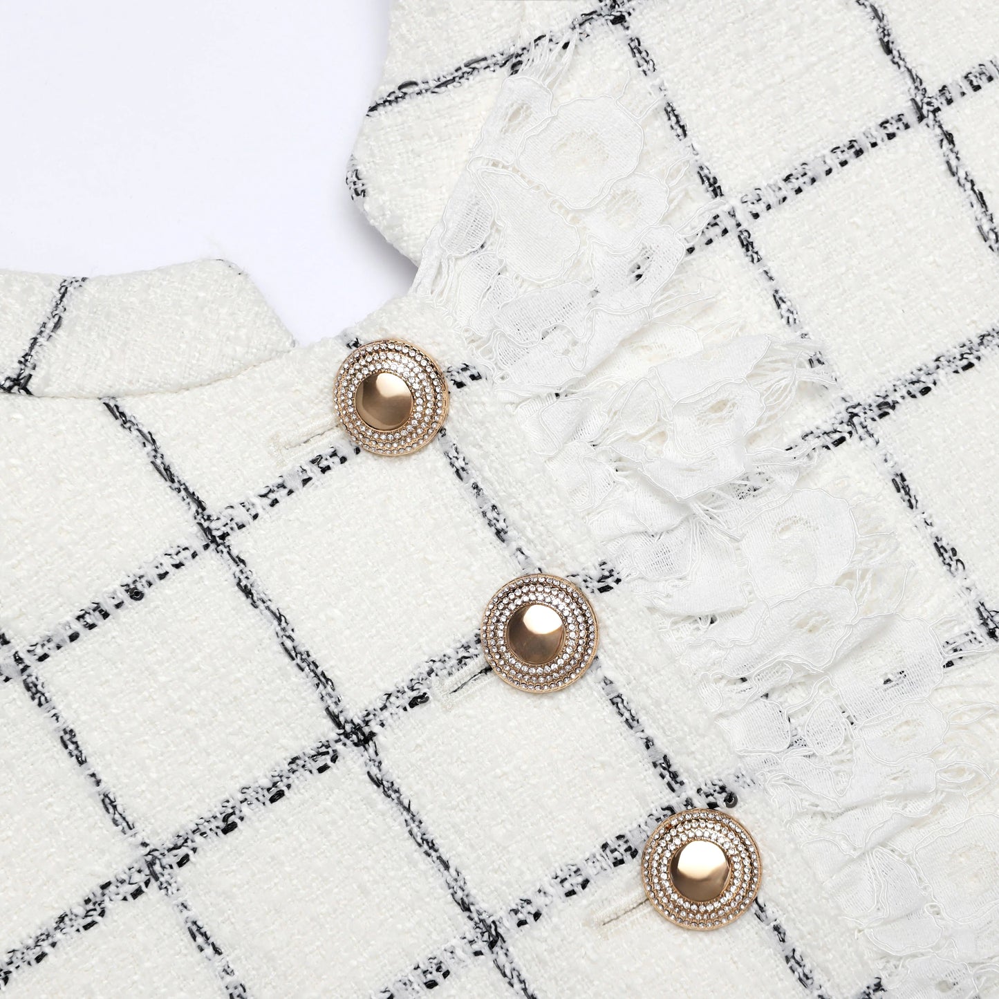 Check Boucle Lace Trim Mini Dress