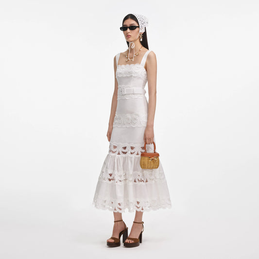 White Linen Lace Insert Midi Dress