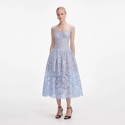 Blue Floral Lace Midi Dress