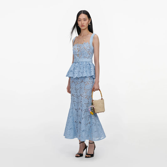 Blue Lace Peplum Midi Dress