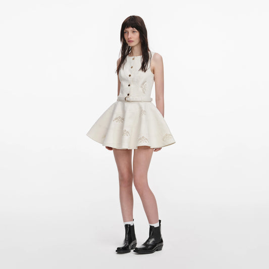 Cream Broderie Denim Sleeveless Mini Dress