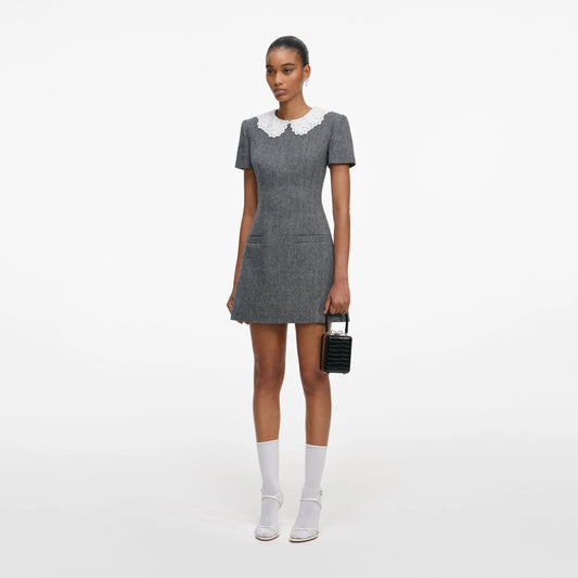 Grey Herringbone Collared Mini Dress