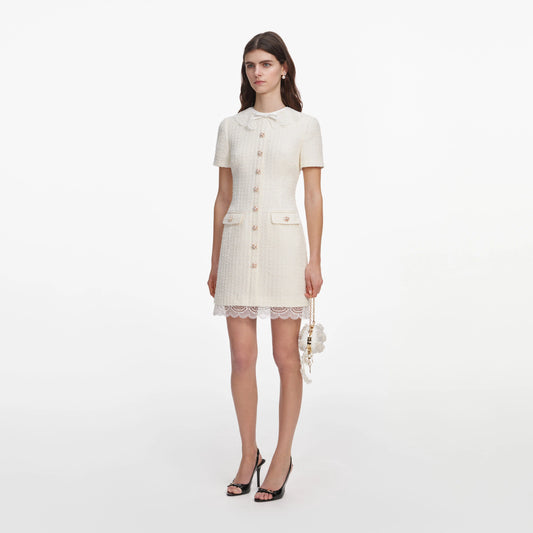 Cream Boucle Lace Trim Tailored Mini Dress