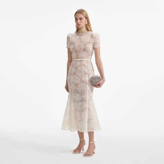 Cream Tulle Lace Midi Dress