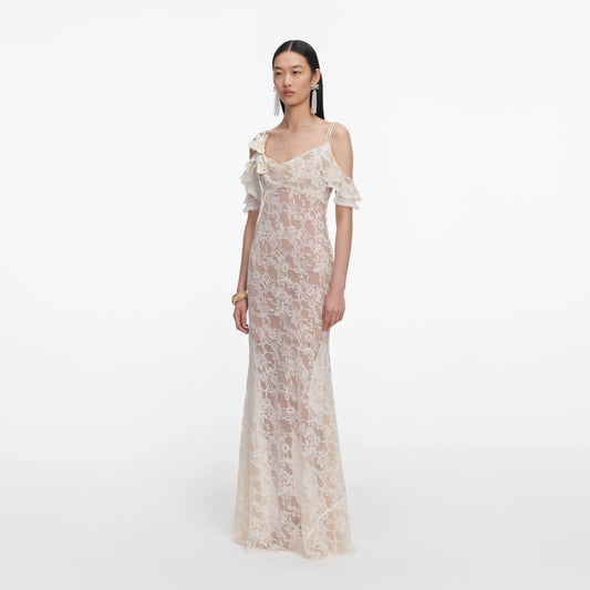 Cream Lace Flower Maxi Dress