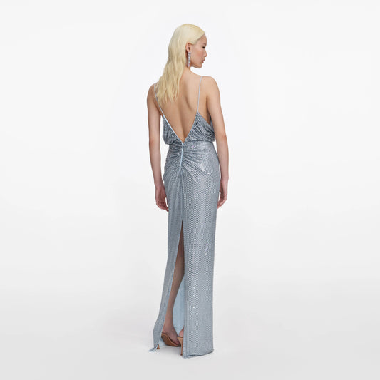 Blue Rhinestone Mesh Maxi Dress