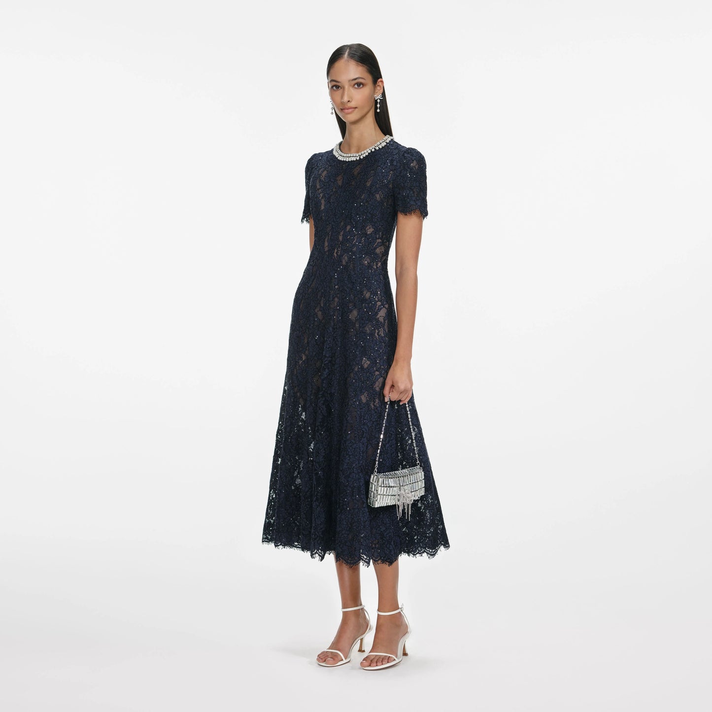 Navy Lace Embellished Midi Dress