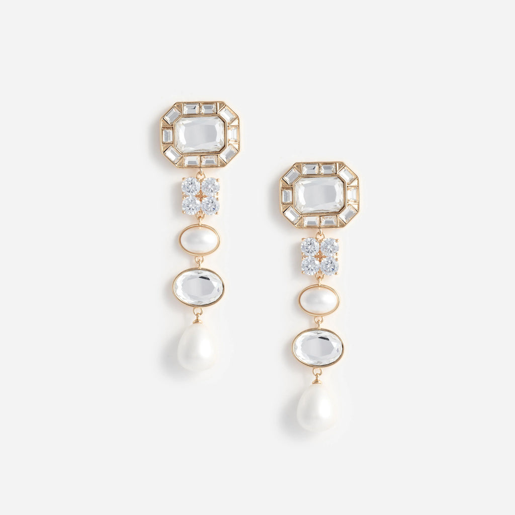 Gold Crystal Pearl Tiered Earrings