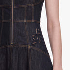 Indigo Denim Bow Embroidered Midi Dress