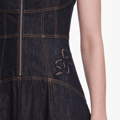 Indigo Denim Bow Embroidered Midi Dress