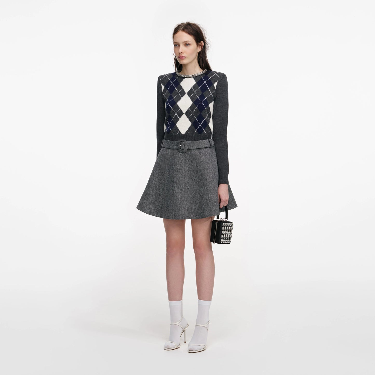 Grey Argyle Crystal Trim Jumper