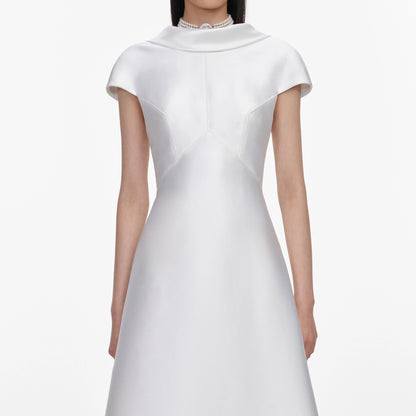 White Taffeta Collared Maxi Dress