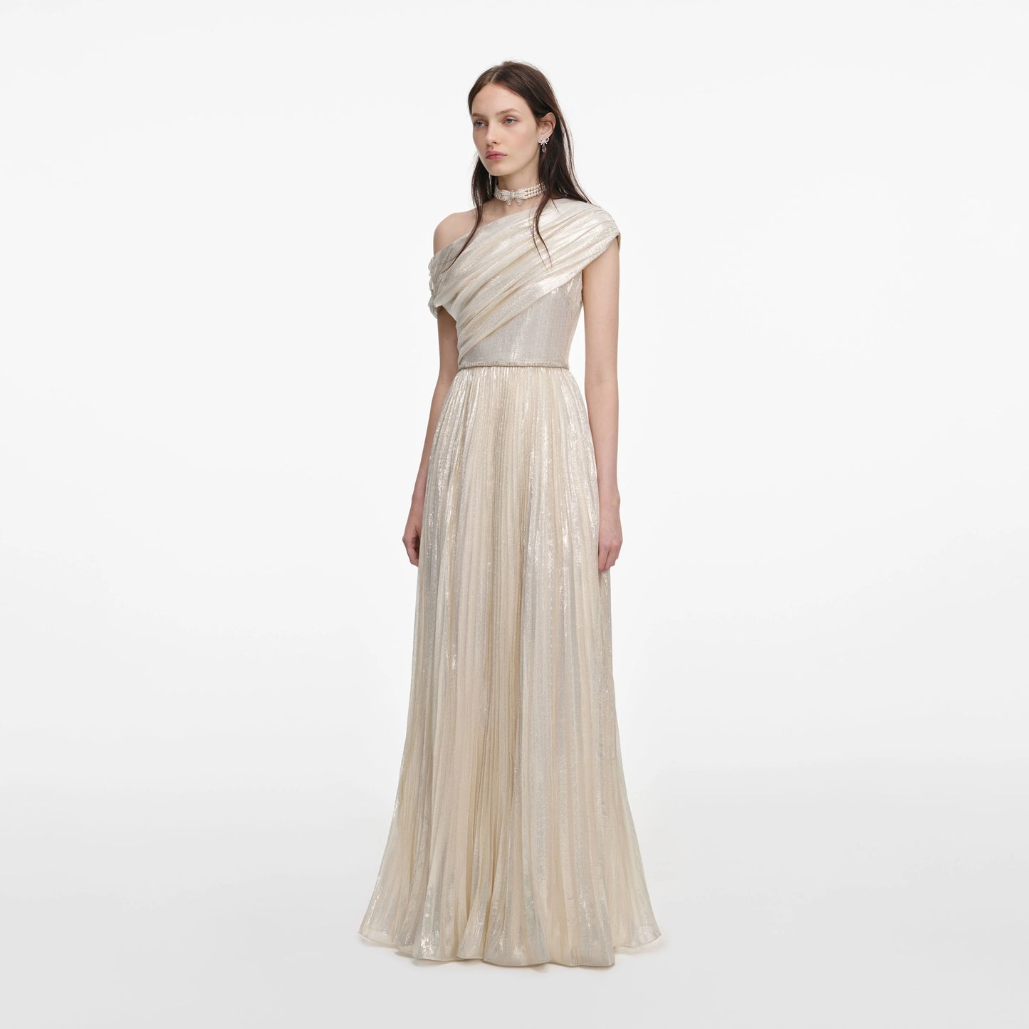 Champagne Metallic Chiffon Maxi Dress