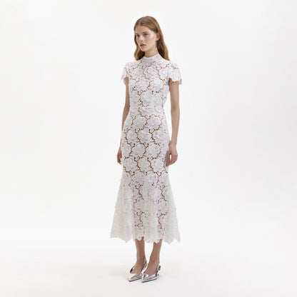 White Flower Lace Midi Dress