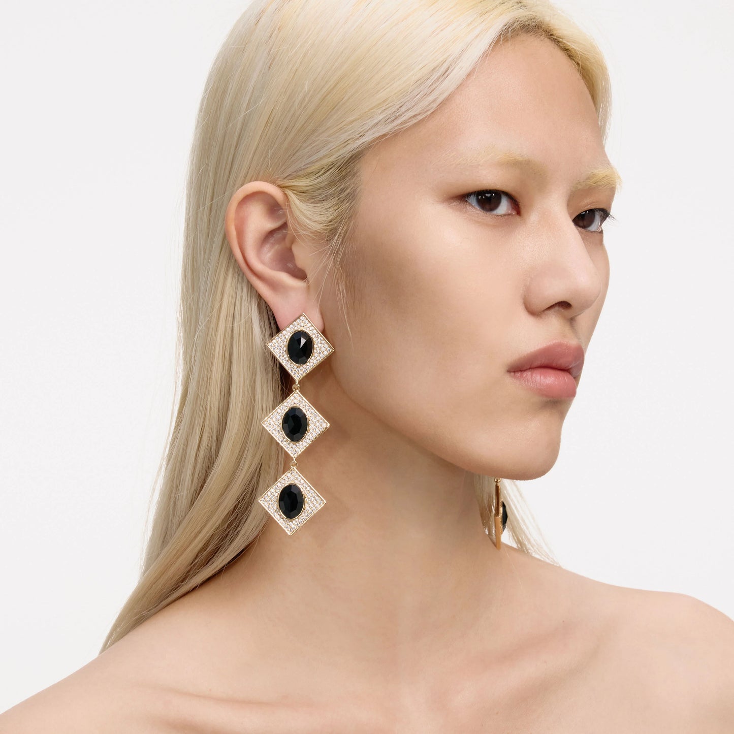 Gold Crystal Black Tiered Earrings