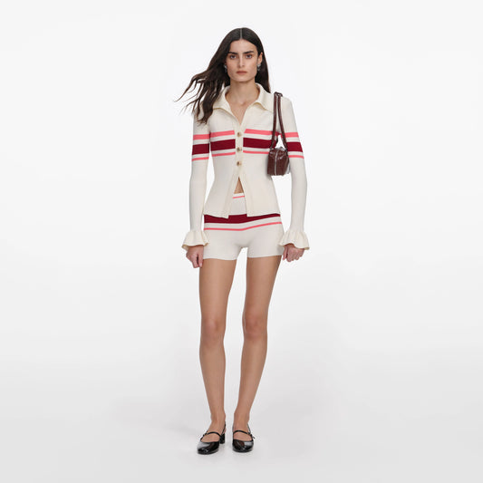 Cream Stripe Viscose Knit Button Top
