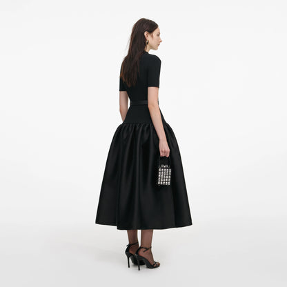 Black Knit Taffeta Midi Dress