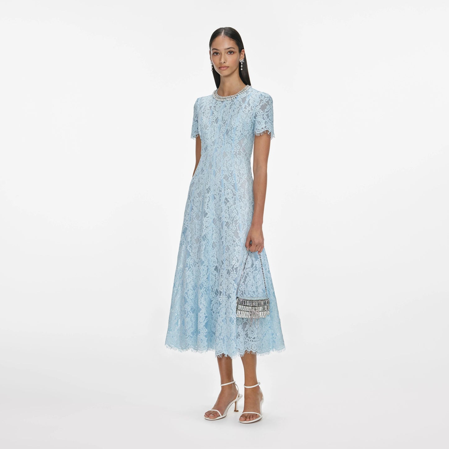 Blue Lace Embellished Midi Dress