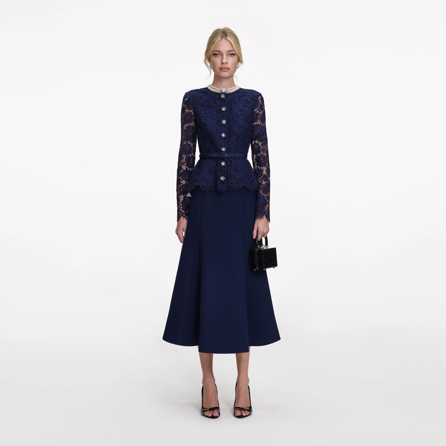 Navy Tailored Lace Midi Dress