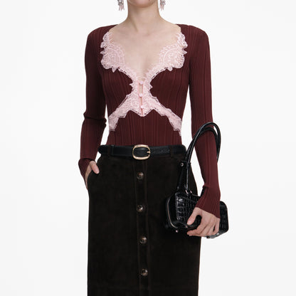 Brown Contrast Lace Knit Top
