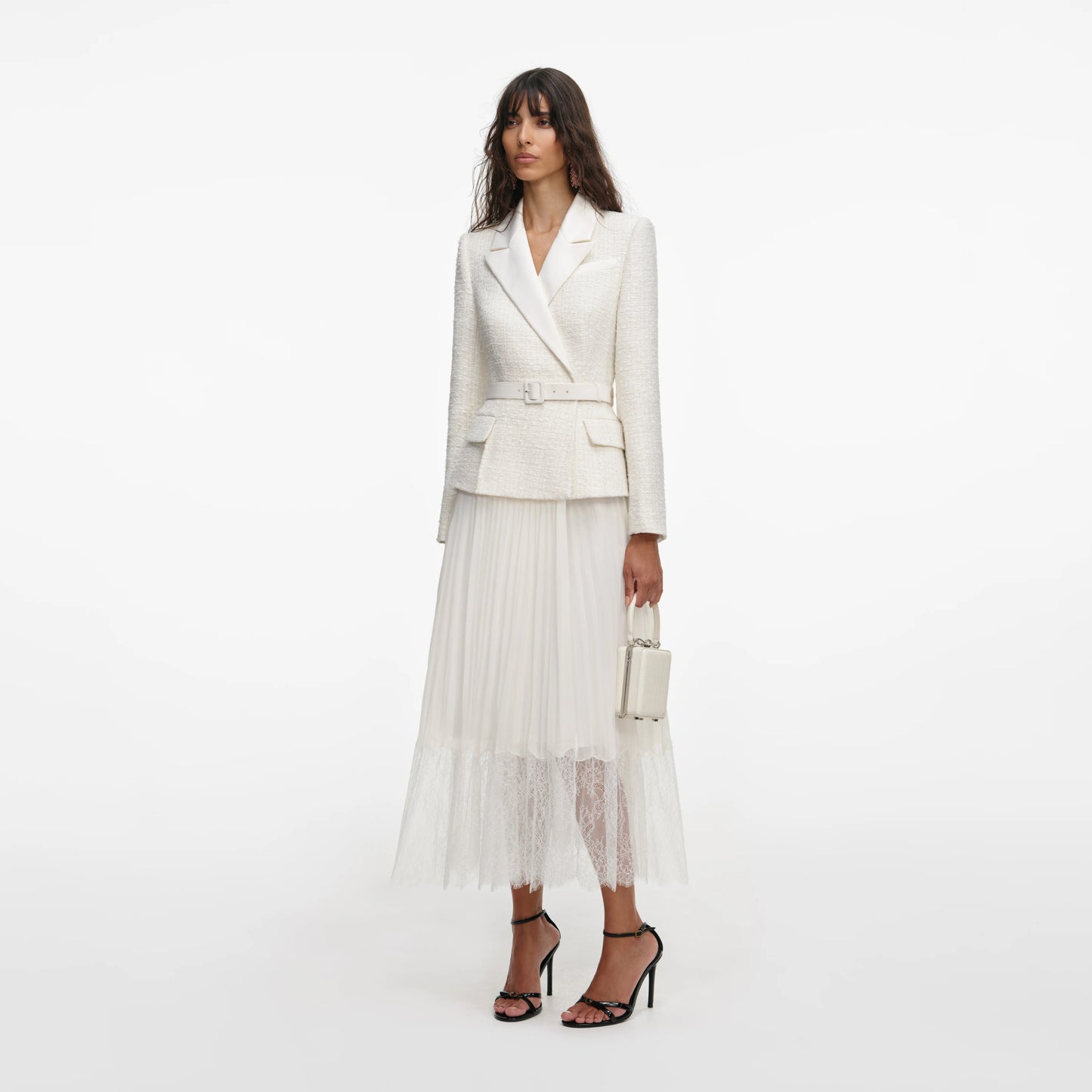 Cream Tailored Boucl¨¦ And Chiffon Midi Dress