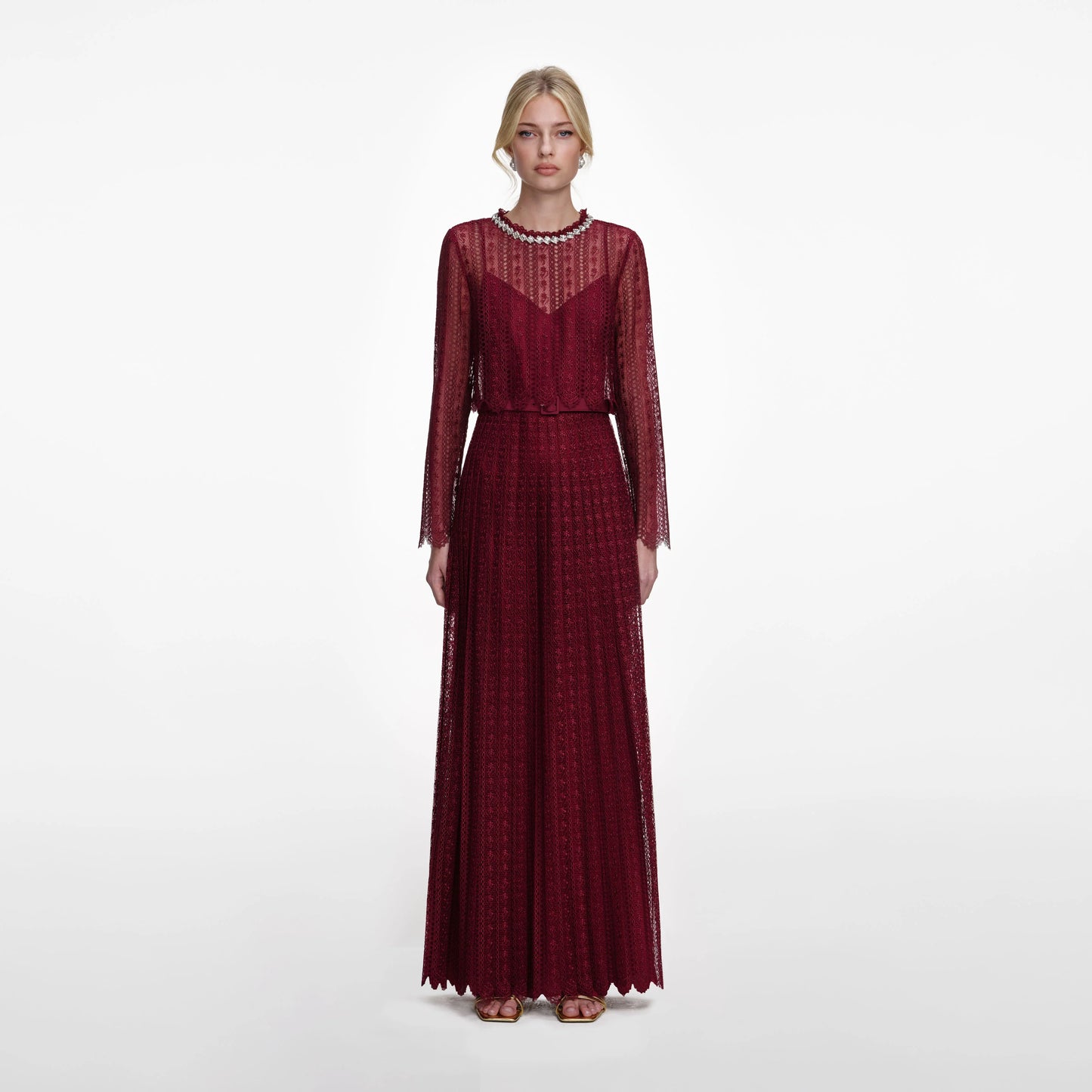 Burgundy Organza Lace Maxi Dress