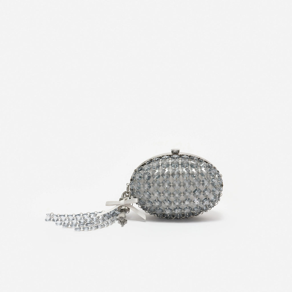 Grey Oval Crystal Chain Clutch Bag