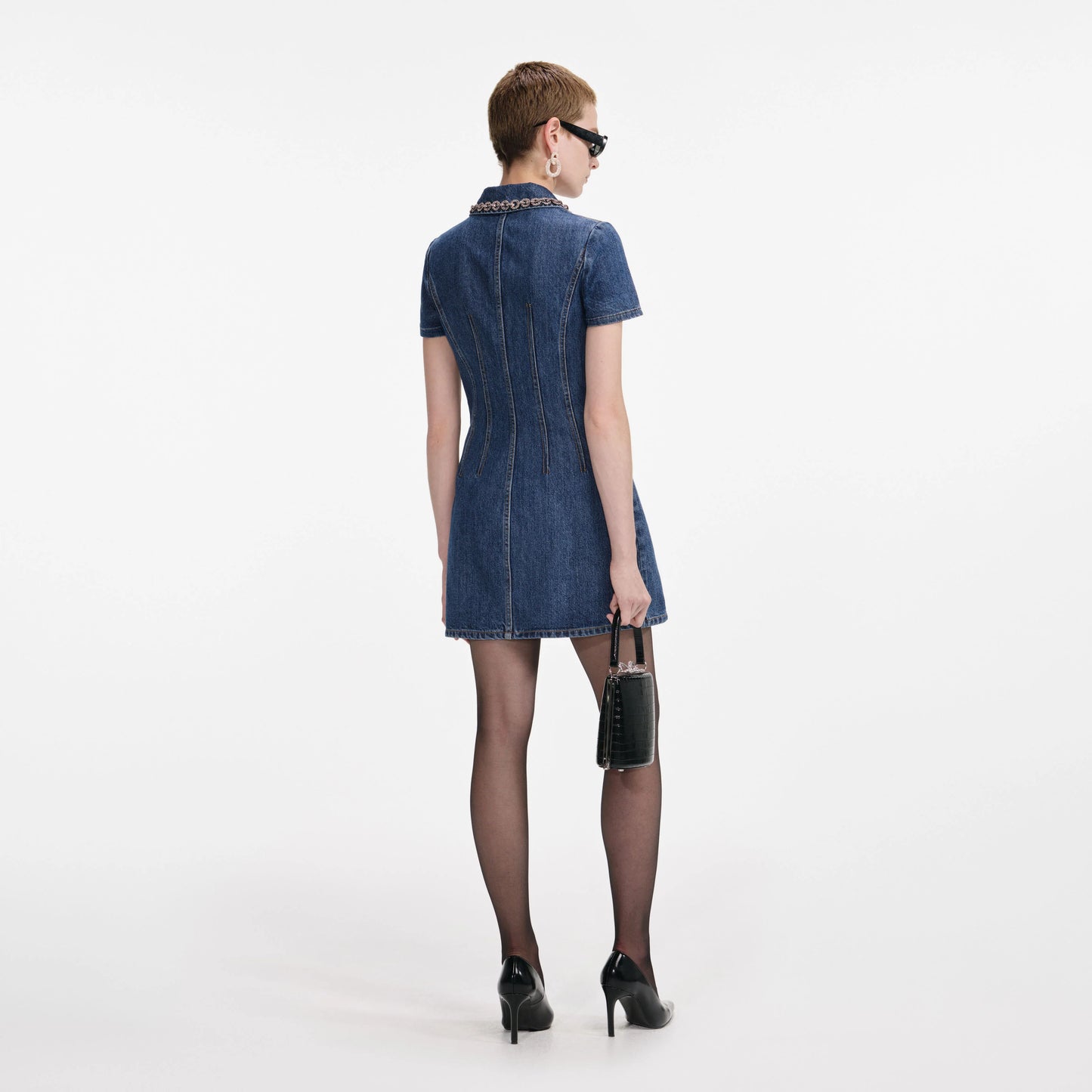 Denim Crystal Trim Collared Mini Dress