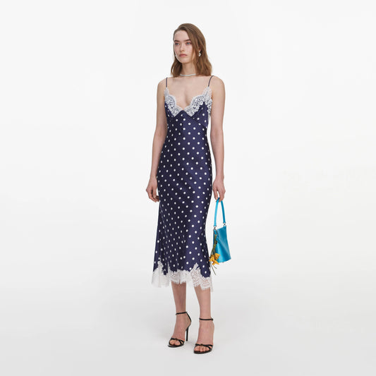 Navy Satin Polka Dot Midi Dress