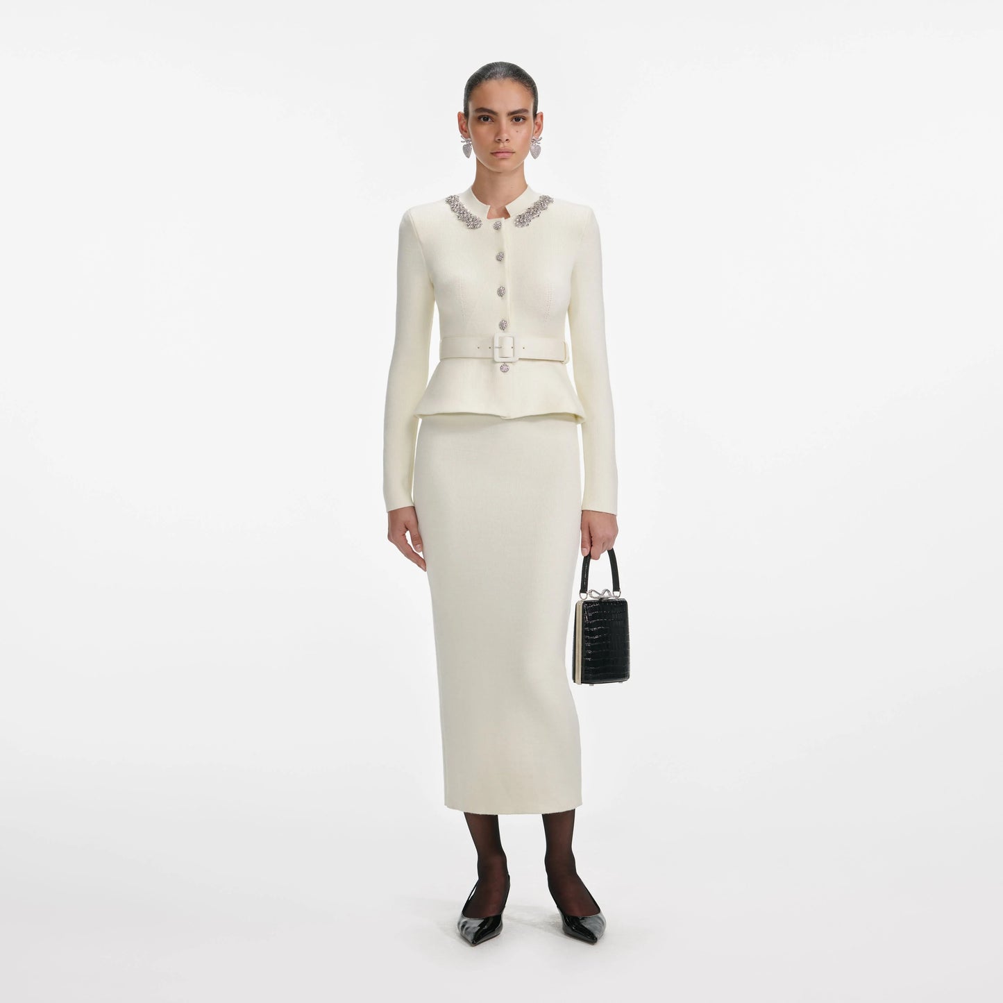Cream Wool Peplum Knit Midi Dress