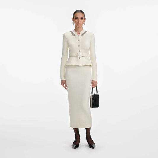 Cream Wool Peplum Knit Midi Dress