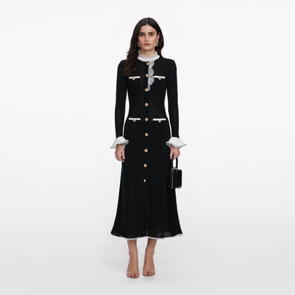 Black Lace Trim Knit Midi Dress