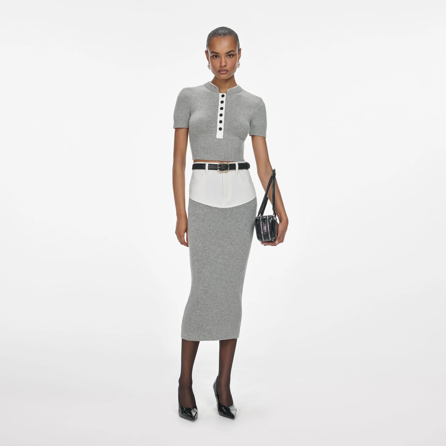Grey Knit Denim Insert Midi Skirt