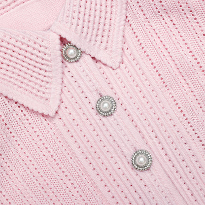 Pink Pointelle Peplum Knit Midi Dress