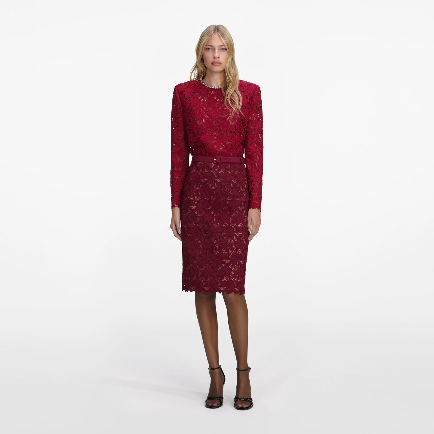 Burgundy Guipure Lace Midi Skirt