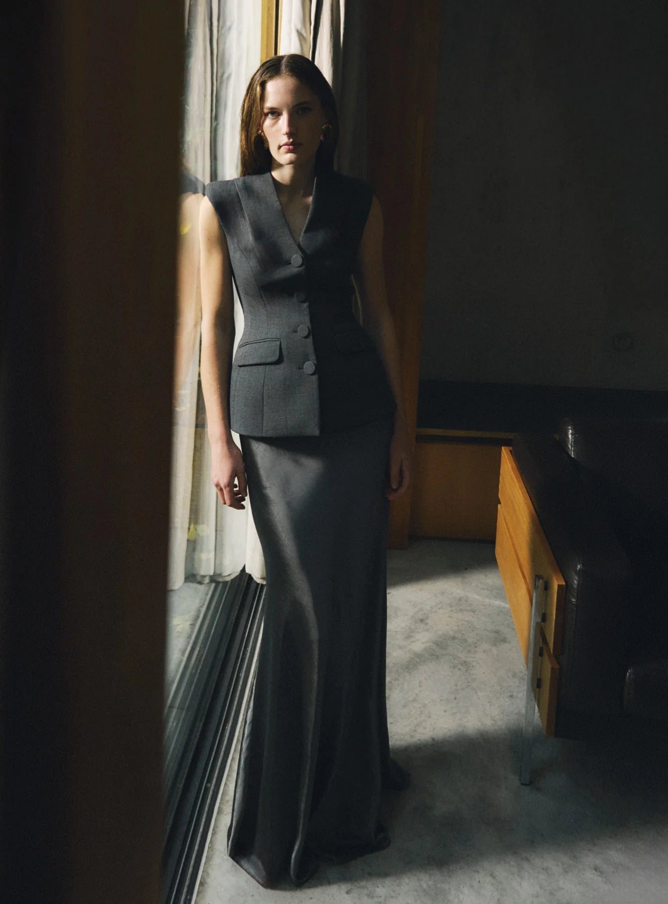 Grey Tailored Satin Maxi Dress
