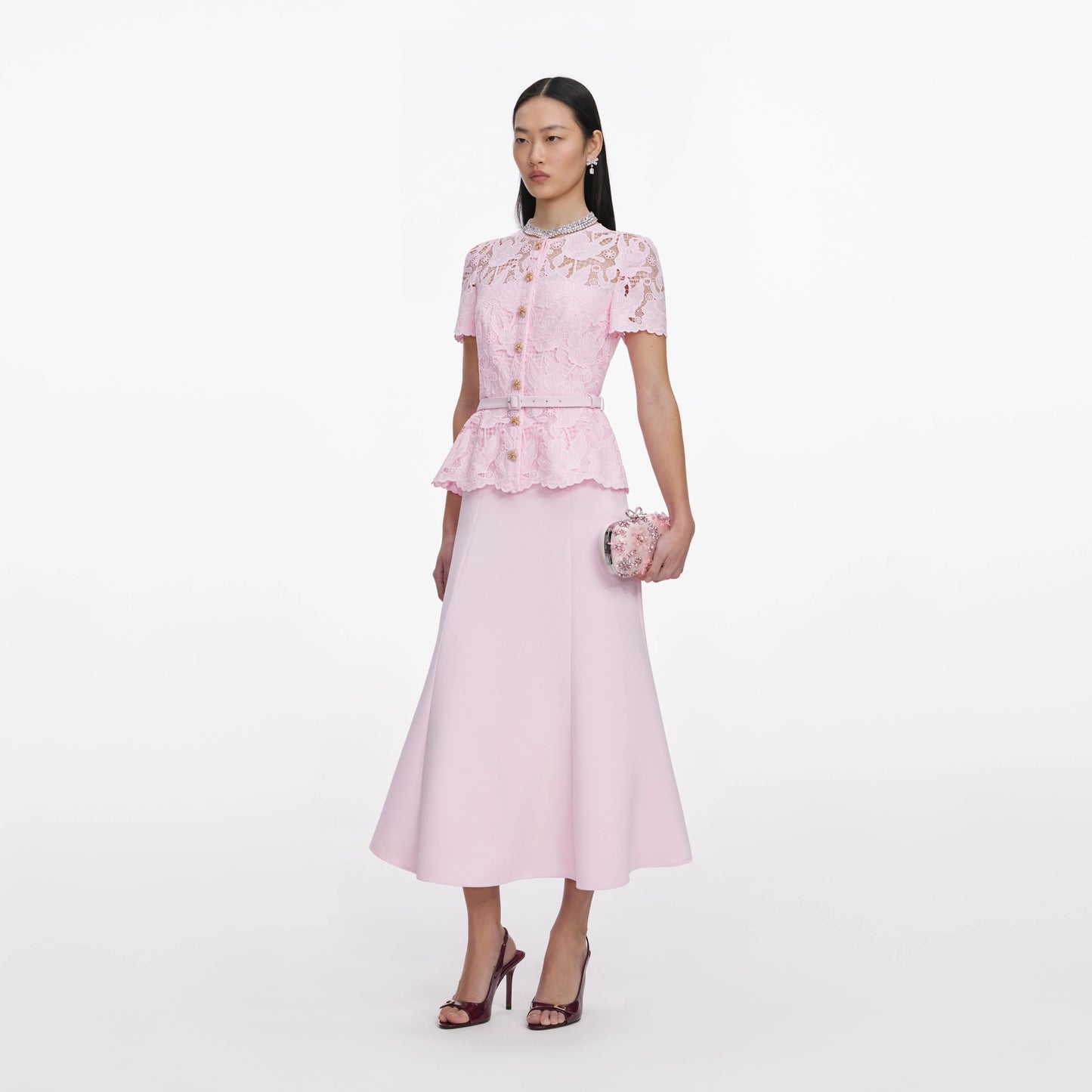 Pink Lace Crepe Midi Dress