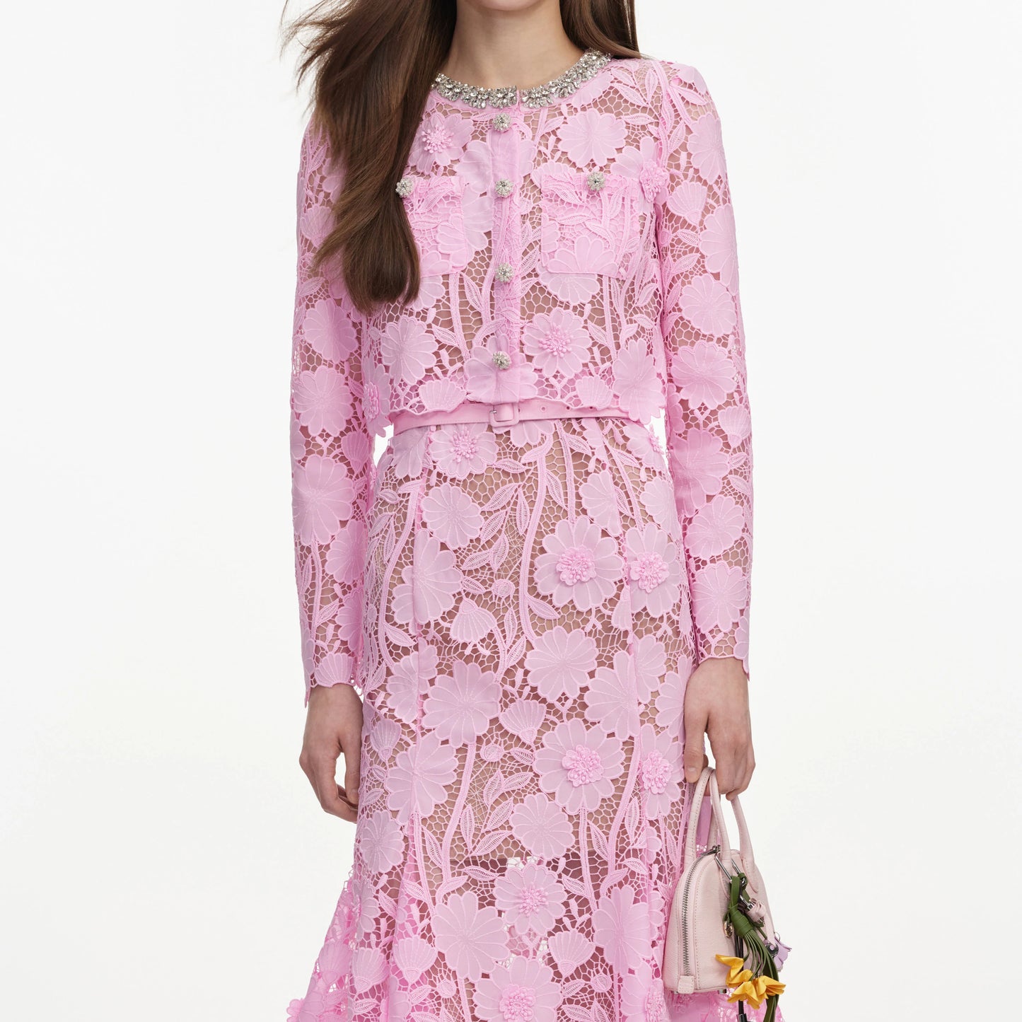 Pink Lace Crystal Embellished Midi Dress