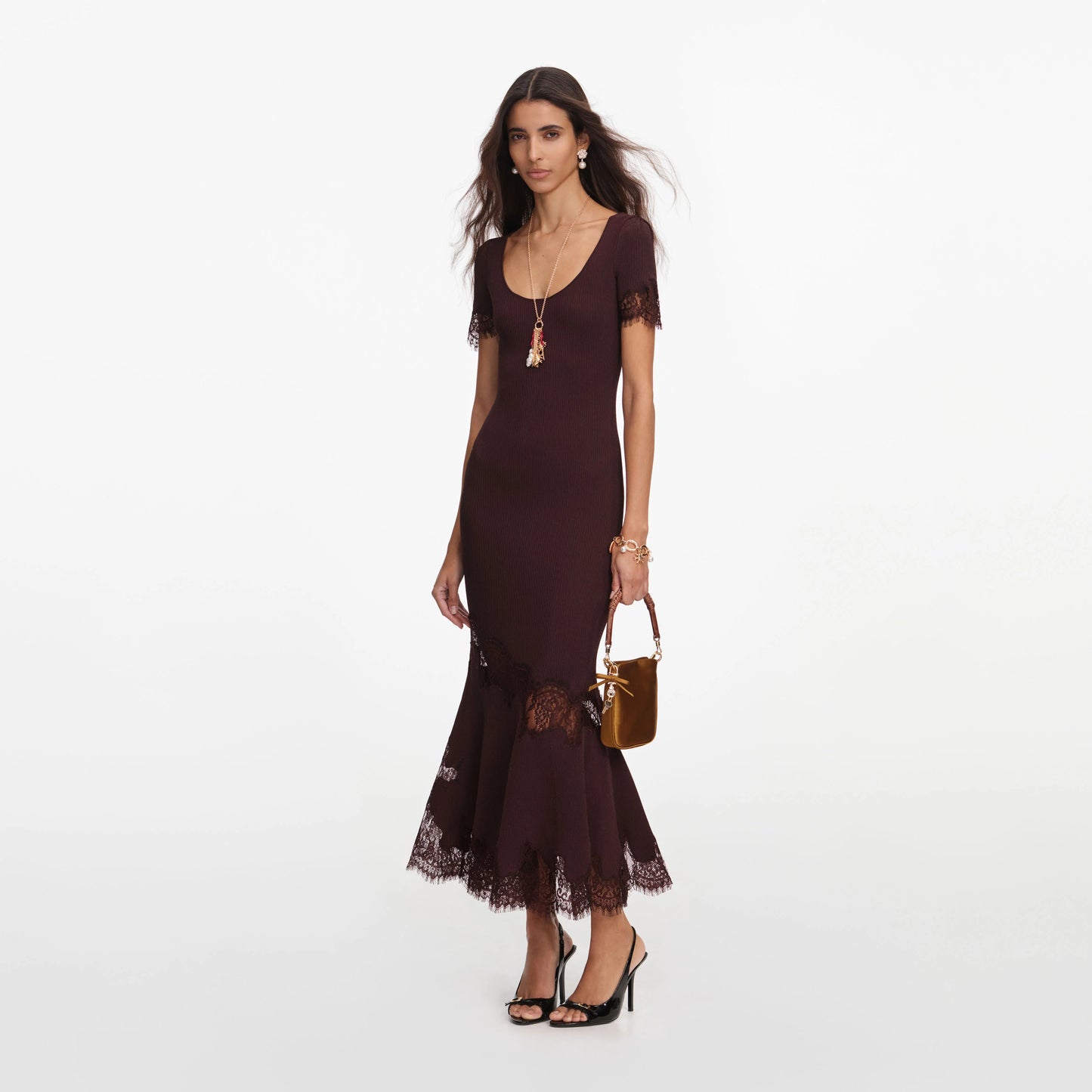 Brown Ribbed Knit Midi Dress