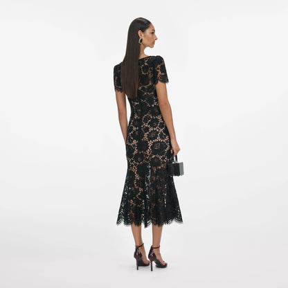 Black Floral Lace Midi Dress