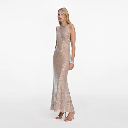 Silver Rhinestone Mesh Midi Dress
