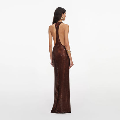 Brown Rhinestone Racer Back Maxi Dress
