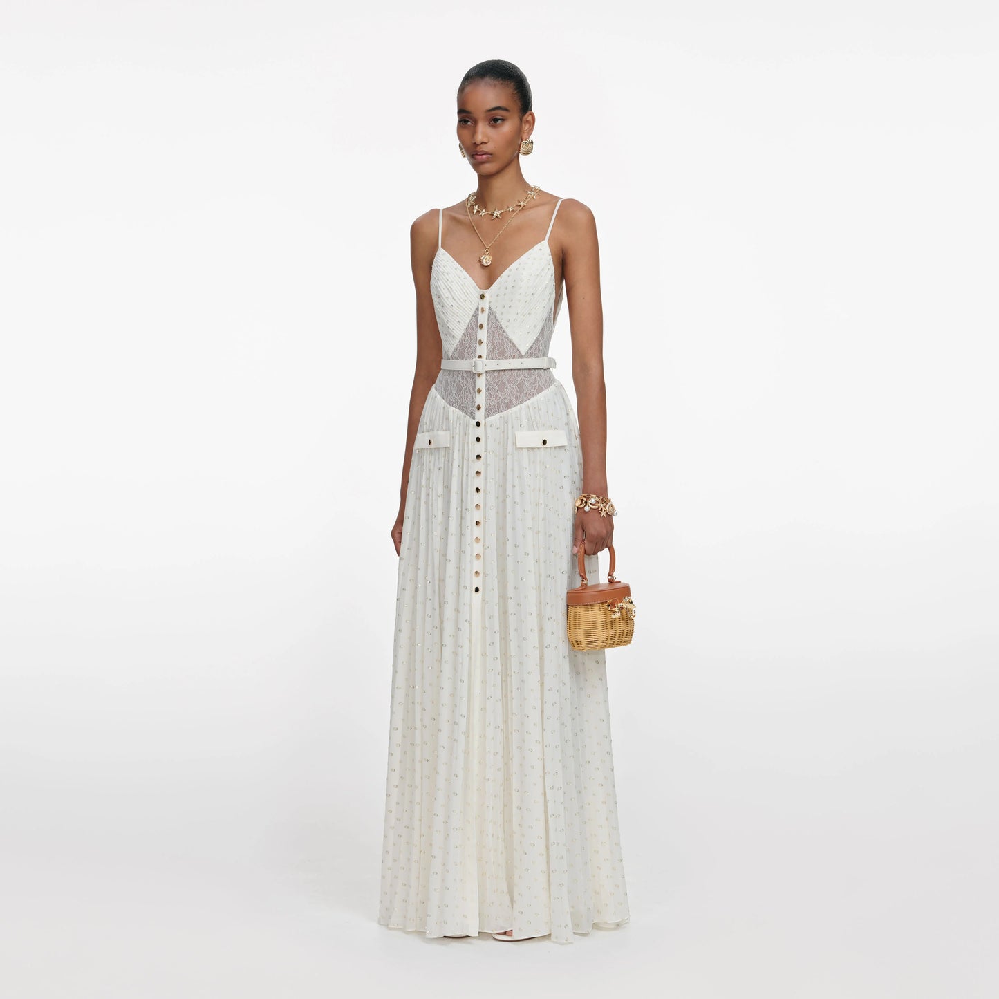 Cream And Gold Chiffon Maxi Dress