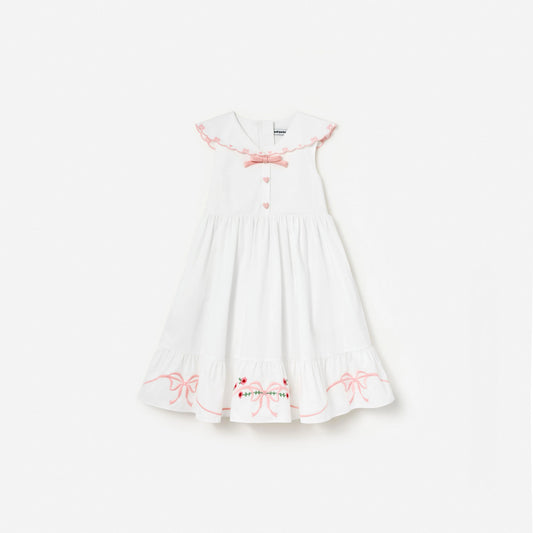 White Cotton Bow Embroidered Dress