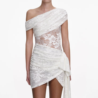 White Rhinestone Lace Tie Side Mini Dress