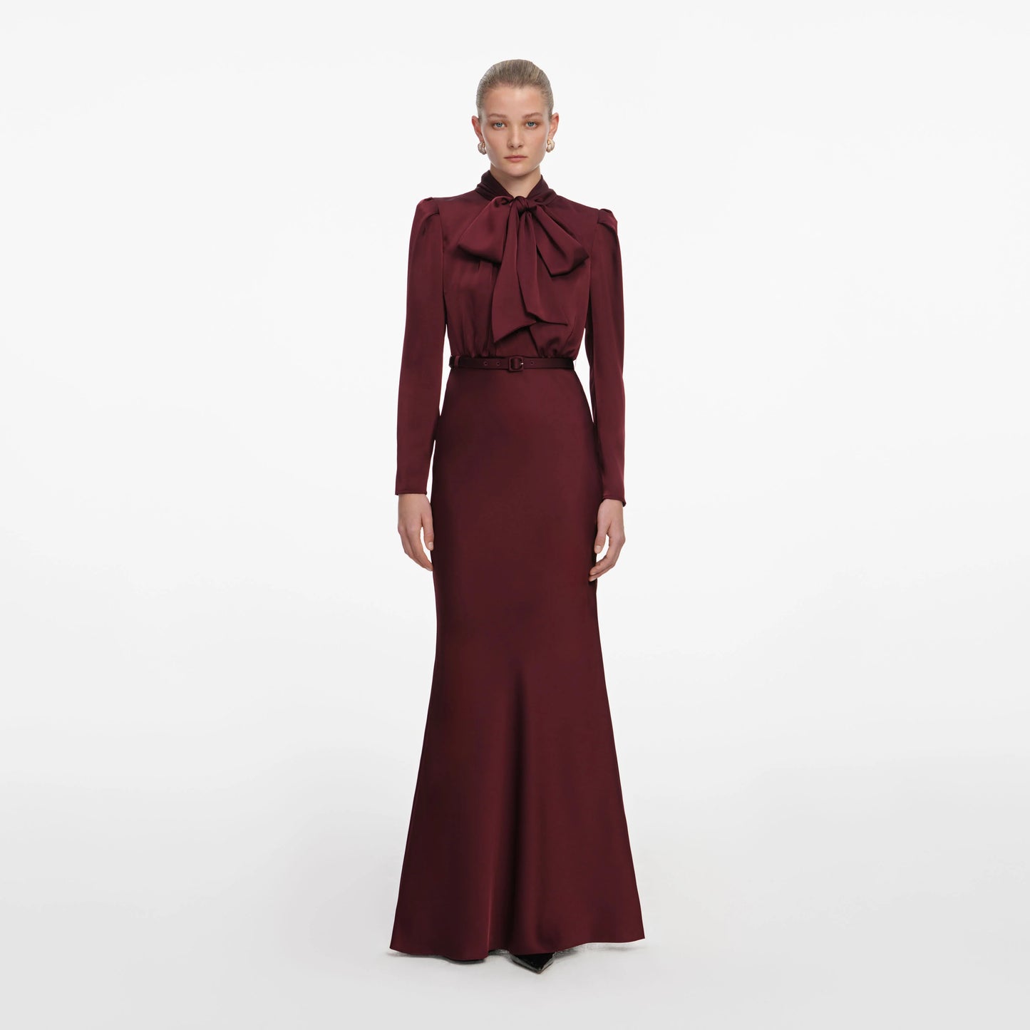 Burgundy Tie Neck Satin Maxi Dress