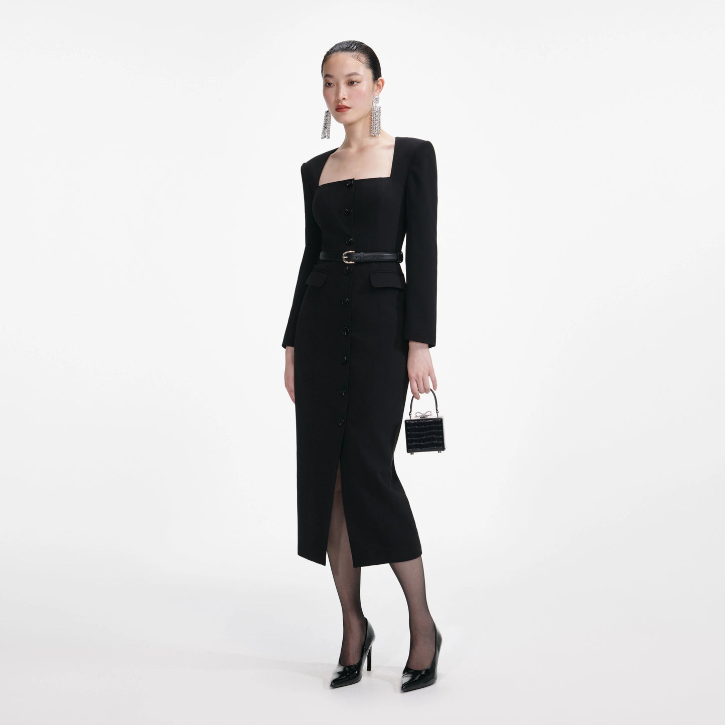 Black Tailored Crepe Midi Dress