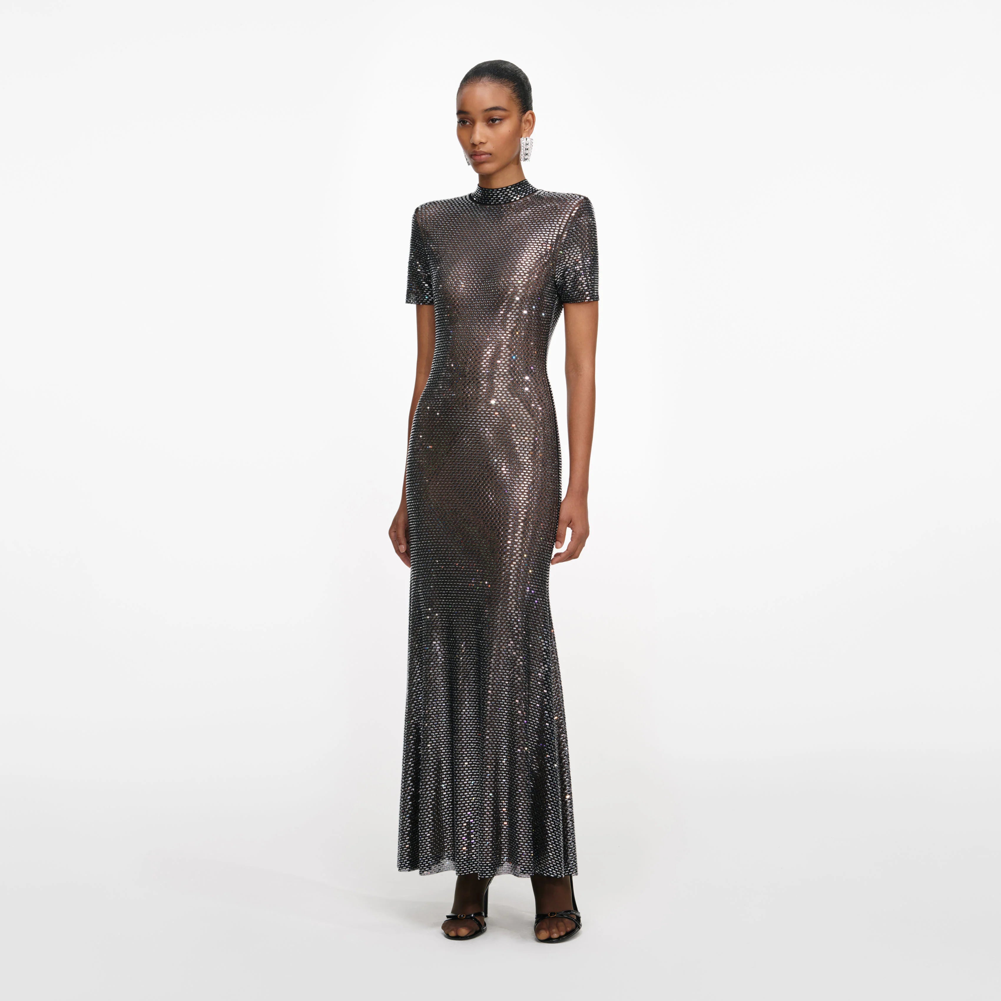 Gunmetal Rhinestone Mesh Midi Dress