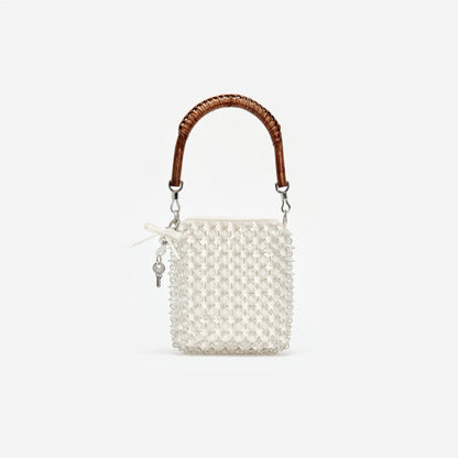 Cream Crystal Chain Mini Tote Bag