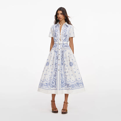 White And Blue Embroidered Midi Dress